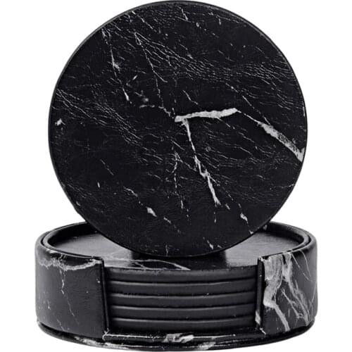 Coasters for Drinks 6-Piece with Holder,Marble Black Round Cup Mat Pad Set Of Home and Kitchen Use CNIM Hot