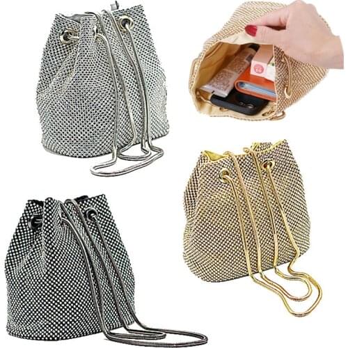 Fashion Rhinestone Ladies Bucket Bag Party Purse Drawstring Pocket Luxury Dinner Wedding Clutch Large Capacity Female Handbag