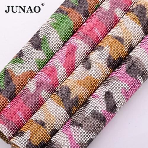 JUNAO 24*40cm Camouflage Self Adhesive Rhinestone Mesh Crystal Fabric Sheets Glass Ribbon Trim Strass Diamond Banding For Dress