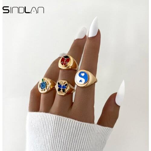 Sindlan 4Pcs Y2k Gold Tai Chi Rings for Women Punk Butterfly Trutle Couple EMO Fashion Jewelry Stranger Things Bague Femme Gift