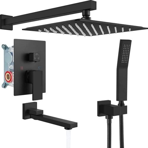 Matte Black Bathroom Luxury 3-Function Shower Faucet Set, Wall Mounted Rainfall Shower Head System, Rough-in Valve Body and Trim