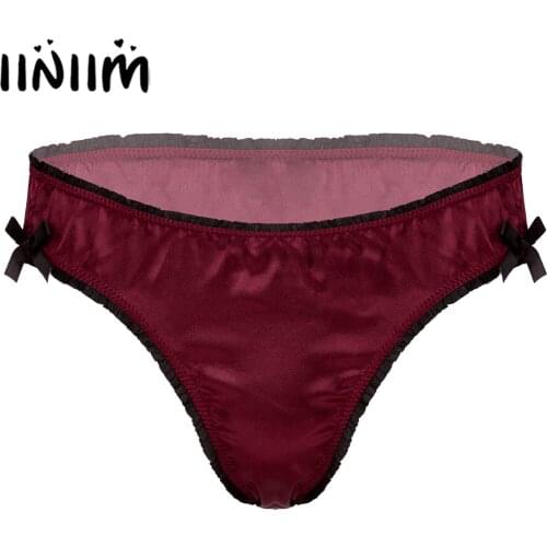 Mens Lingerie Bowknot Decor Sissy Panties Frilly Low Waist Satin Briefs Sissy Underwear Nightwear Elastic Waistband Underpants