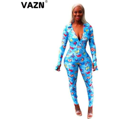 VAZN 2021 Hot High Quality Retro Sexy Young Soft Daily Free Deep V-Neck Full Sleeve Women High Waist Skinny Pencil Jumpsuits
