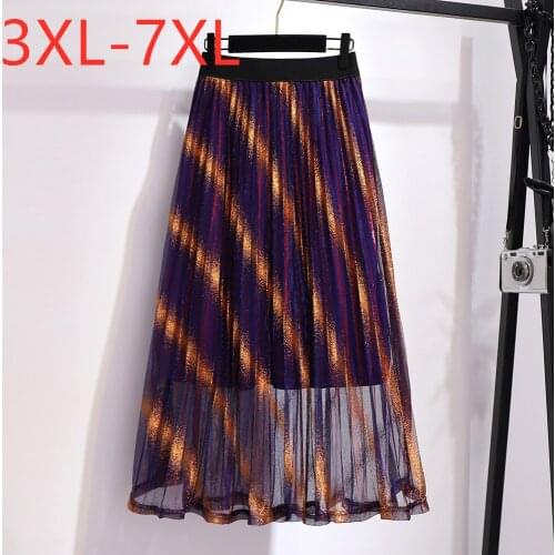 New 2021 Korea summer plus size long skirt for women large casual loose a line golden stripe pleated skirts 3XL 4XL 5XL 6XL 7XL