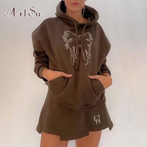 ArtSu Butterfly Brown Sweatshirts Y2K Fashion Embroidery Hooded Long Sleeve Top Winter Warm Oversized Harajuku Women Hoodies