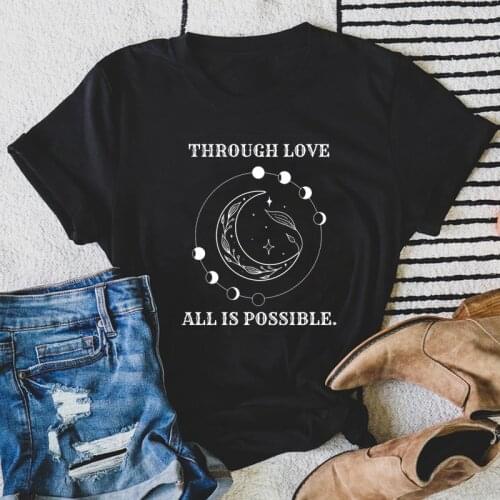 Through Love All Is Possible T-shirt Aesthetic Celestial Moon Phases Astrology Tshirt Vintage Women Christian Be Loved Top Tee