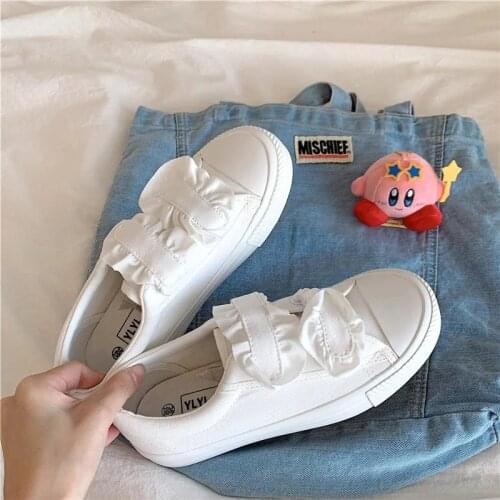 Cute Ruffle Lace Lolita White Canvas Shoes Women Fashion Designer Platform Sneakers Casual Basic Flats Mary Jane Zapatos Chic