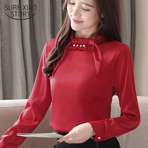 2019 Spring Fashion shirts Womens long sleeves chiffon and Straight cylinde women shirts Bow chiffon and elegant women 1960 50