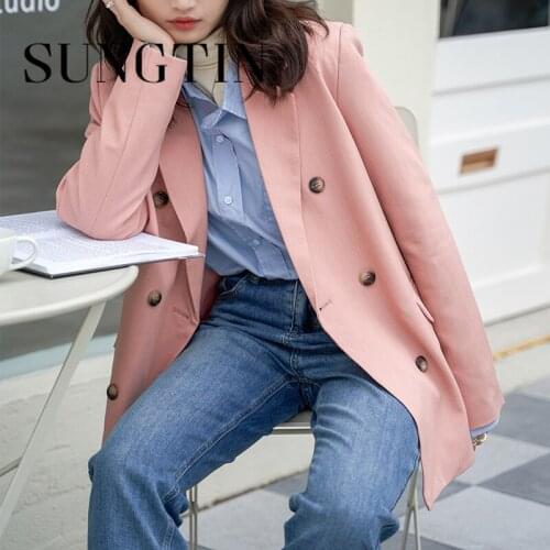 Sungtin Double Breasted Women Blazer 2021 Office Ladies Suit Jacket Spring Female Long Sleeve Blazer Outwear 4color Korean Retro