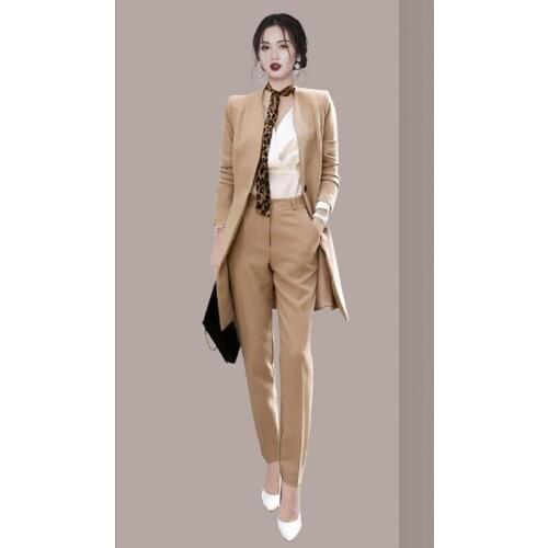 Female Autumn And Winter Two-Piece Fashion Slim Solid Color Long Suit Jacket + Slim Trousers 2021 New Womens Clothing