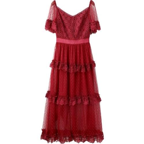 High Quality Brand Lace Long Dress 2021 Summer Party Evening Women Sexy V-Neck Polka Dot Print Wine Red White Maxi Dress Festa