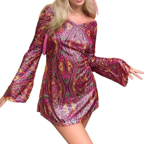 Women Sexy Sheath Dress Adults Geometry Dot Print Flare Sleeve V-neck Dress