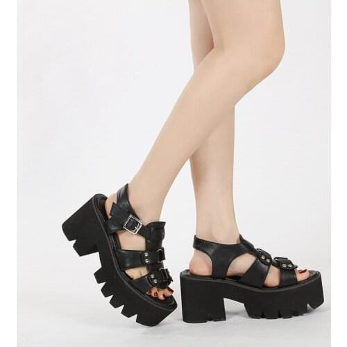 2021 New Arrival Platform Sandals Ladies High Heels Summer Black Gothic Style Womens Shoes Chunky Heel Roman Sandals Dress