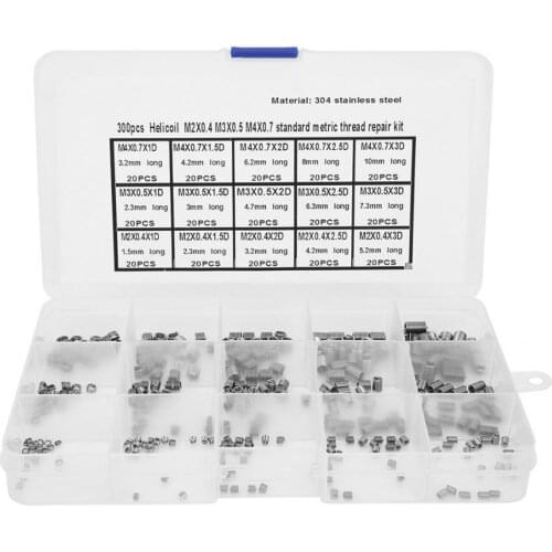300Pcs M2x0.4/M3x0.5/M4x0.7 Helical Thread Repair Insert Stainless Steel Metric Thread Repair Kit Screw Threaded Bushing Sleeve