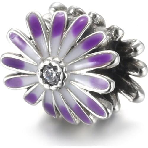 Authentic S925 Silver Bead DIY Jewelry Openwork Purple Daisy Charm fit Lady Bracelet Bangle