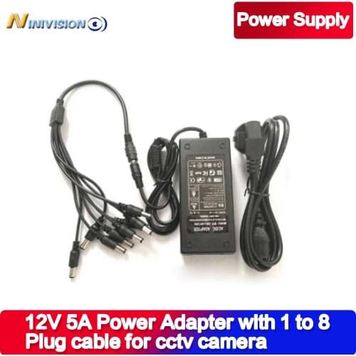 NINIVISION 12V 5A 8CH Power Supply CCTV Camera Power Box 8 Port DC+Pigtail COAT DC 12V Power Adapter