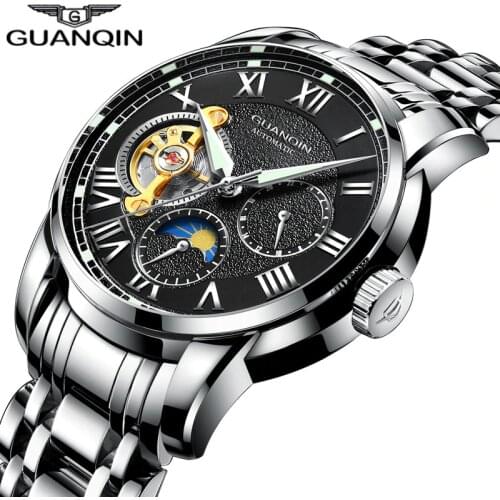 GUANQIN Men Watch Luxury Moon Phase Watch Automatic Tourbillon Mechanical Clock Hongkong Business Steampunk Wristwatches Fashion