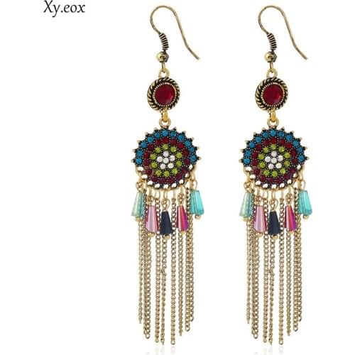Bohemian Long Statement Evil Eyes Chain Feather Crystal Tassel Dangle Earrings