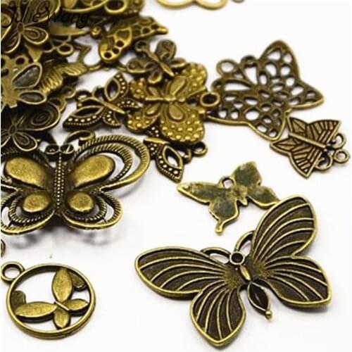 Julie Wang 40PCS Randomly Send Vintage Style Antique Bronze Lovely Butterfly Cute Animal Shape Hollow Circle Pendant Charm Craft