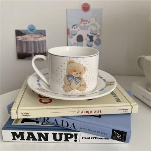 Nordic Bear White Small Ceramic Coffee Cup Saucer Breakfast Milk Set Cup Kitchen Handle Reusable Drinkware Gift Tea Cup