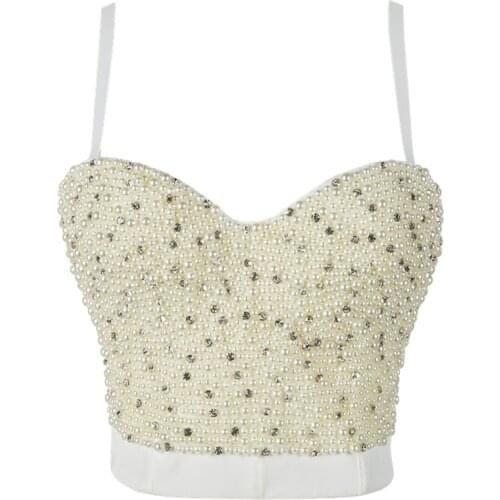 Gothic Sexy Beading White Rhinestone Crop Top Women Bustier High Waist Push Up Corset Tops for Night Club Party Female Top