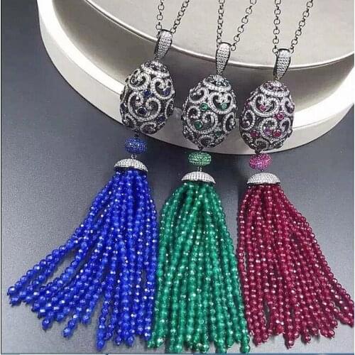 Beautiful CZ micro tassel Pendant blue red green bead necklace