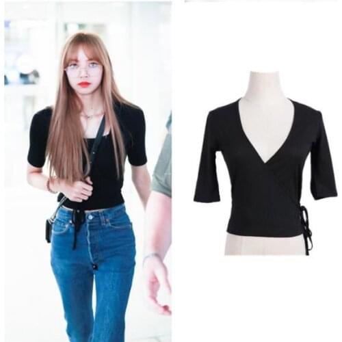 Kpop TWICE EXO GOT7 summer Cotton Lace-Up Black knitted T Shirt women korean Slim V-Neck tShirt lady Short sleeve tees tops