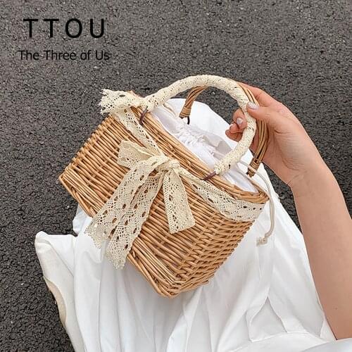 Fashion Bow Straw Hand Woven Female Shoulder Bag Seaside Vacation Designer Handbag Famous Brand Korean Purses and Handbags