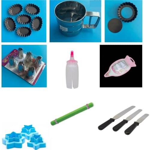Bakeware Set 6 pcs Mini Pie Pans,1 pcs Tart Flan Pan Removable Bottom,Flour Sieve, piping nozzles,Rolling pin,Cookie Cutter