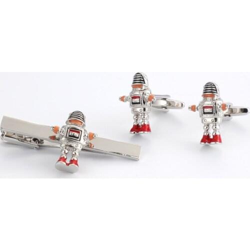 5sets/lot 3D Astronaut Cufflinks Tie Clip Set Copper Plating Robot Cuff Links&Tie Pin Bar Set Mens Jewelry Accessory