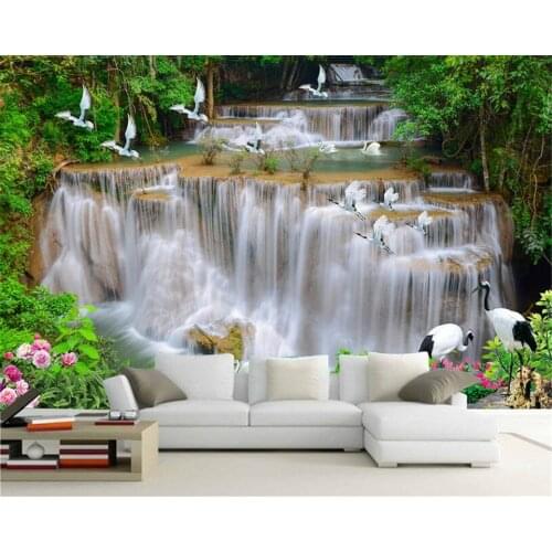 Beibehang Custom Wallpaper Mural Nature Waterfall River Forest white crane 3D TV Background Wall murals 3d wallpaper home decor