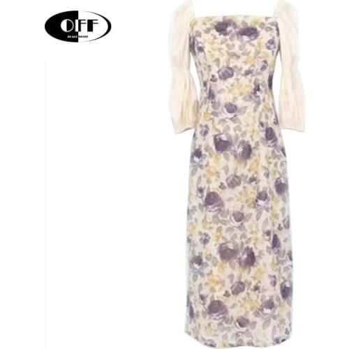 French Summer Women Floral Dress Elegant Square Collar Half Sleeve Slim Casual Plus size Bodycon Party Midi Dresses Women Female