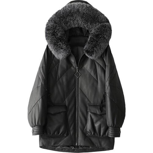 Popular High Quality Sheepskin White Duck Down Jacket M-Long Loose Fox Fur Hooded Coat Women Thick Warm Black Winter Clothes