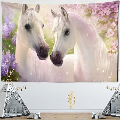 Lovely White Horse Tapestry Wall Hanging Kawaii Bohemian Towel Mat Living Room Decoration Polyester Background Cloth
