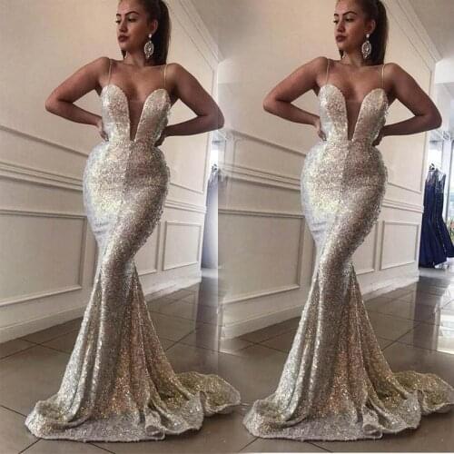 Sexy Spaghetti Evening Dress Sequins V Neck robe de soiree longue 2021 Silver Evening Gowns Mermaid Formal Dresses abiye