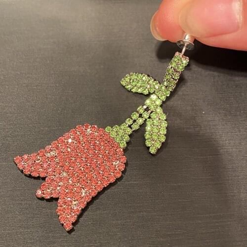 Single Green Rose Flower Earring Chain Cubic Zircon Crystal Leaf Tassel For Women Jewelry korean Fashion Baroque High Quality