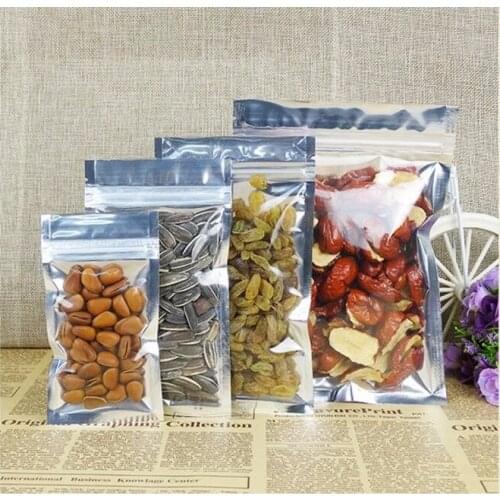 100pcs Resealable food packaging zipper bag Silver Aluminium foil and front clear Zip Lock bag plastic pouch