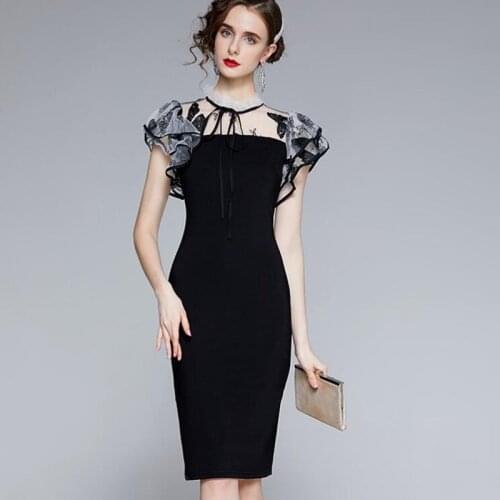 ZAWFL Summer Dress Women Retro Black Self-Cultivation Sexy Temperament Stitching Butterfly Mesh Embroidery Lace Dress 2021