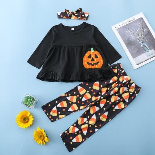 Girls Halloween Clothes Set, Pumpkin Embroidery Long Sleeve O-neck Tops+Printed Trousers+Scarf