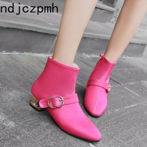 Womens Boots Autumn and Winter The New Fashion Square Head Zipper Belt Buckle Low-heeled Short Tube Womens Shoes Size 33-48