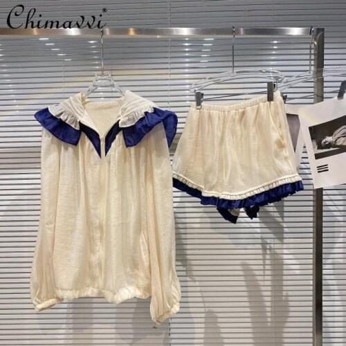 2021 Summer Fashionable Pleated Hooded Sunscreen Coat Women Elastic Waist Wide Leg Shorts Female Two Pieces Short Suit