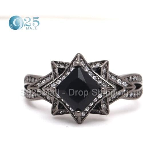 Women wedding ring created black crystal zirconia fashion black gold-color gift jewelry for men 2017 new square wholesale rings