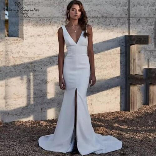 Simple Wedding Dresses Mermaid with Slit Deep V-Neck Backless Soft Satin Boho Bridal Gowns for Bride 2021 Vestido De Noiva