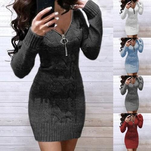 Womens Sweater Dress Autumn Winter New Zipper Knit Sweatershirts Fashion Solid Long Sleeve Tops Casual V Neck Ladies Sweaters