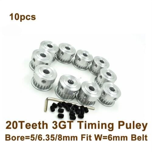 10pcs 20 Teeth 3GT Timing Pulley Bore 5/6.35/8mm Fit W=6mm 3GT Timing Belt 20T 20Teeth 3GT Timing Belt Pulley 3D Printer Part
