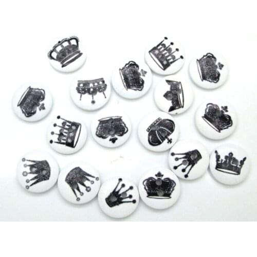 100pcs 15mm Mixed White Round Crown series Pattern Wooden Buttons For Clothes Crafts Sewing Scrapbooking DIY Accessories