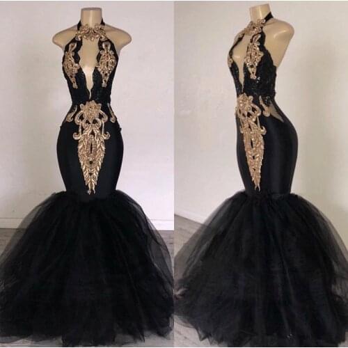 2020 Black Prom Dresses With Gold Appliqued Mermaid South Africa Formal Evening Dress Halter Neck Sweep Train Occasion Dress