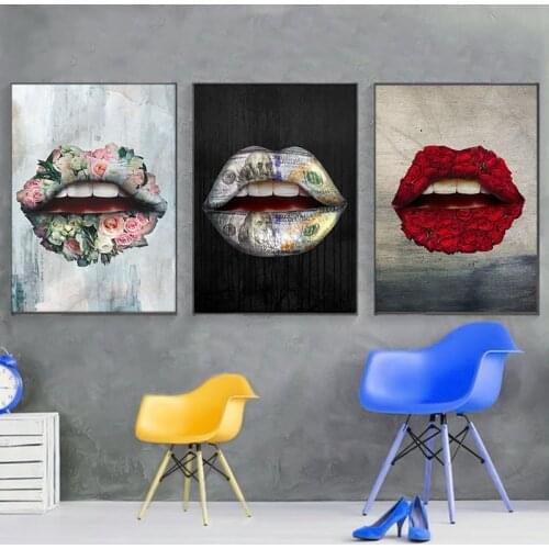 3 Panels Womans Lips Canvas Painting Wall Art Sexy Red Lips Pink Rose and Money Modern Wall Pictures For living room Decoration