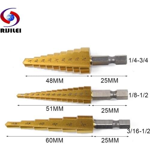 RIJILEI 3Pcs HSS Step Drill Bits, 3/16-1/2,1/4-3/4,1/8-1/2 Hex Shaft Drive Quick Change Titanium Metal Drill Bit Tools Kit L05