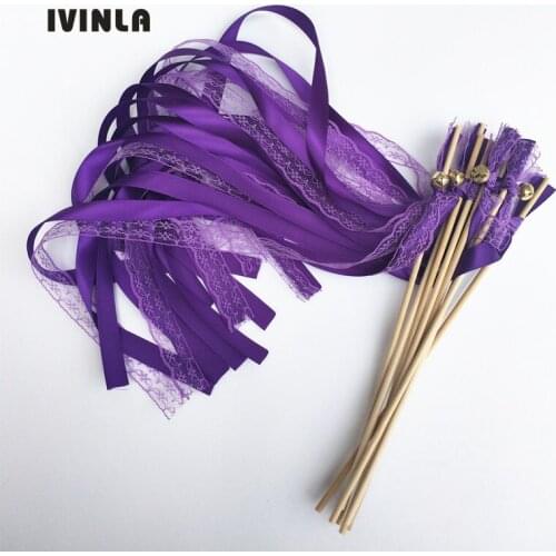 50Pcs/Lot purple Lace Wedding Wands with gold Bell For Wedding Decoration